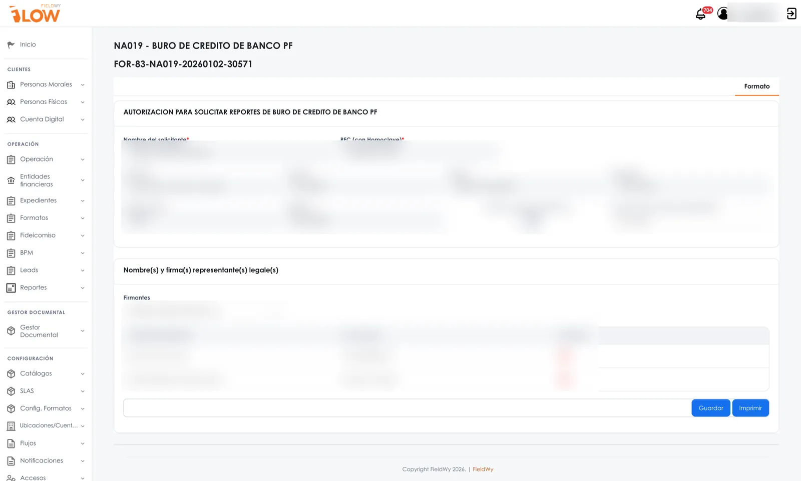 Pantalla real de FieldWy FLOW: formato digital de autorización con firmantes